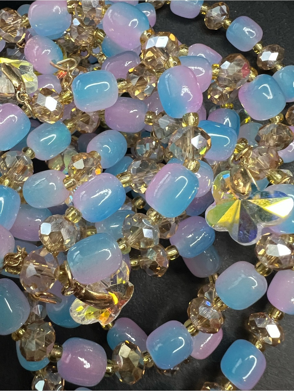 Iridescent Pink-Blue Glass Beaded Bracelet with CZ Butterfly Charm NWOT